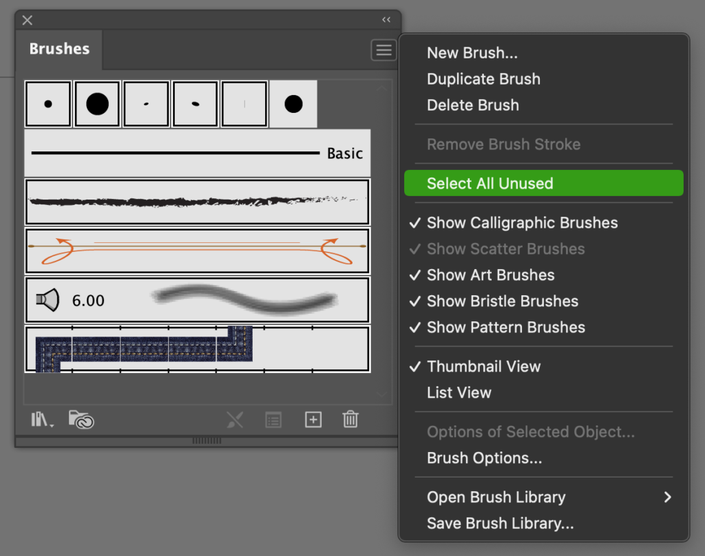 Brushes > Select All Unused